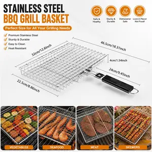 Foldable Handle BBQ Grill Rack, Stainless Steel Portable BBQ Basket, Multi-Functional for Fish, Meat, Corn, Chicken, Vegetables, Seafood