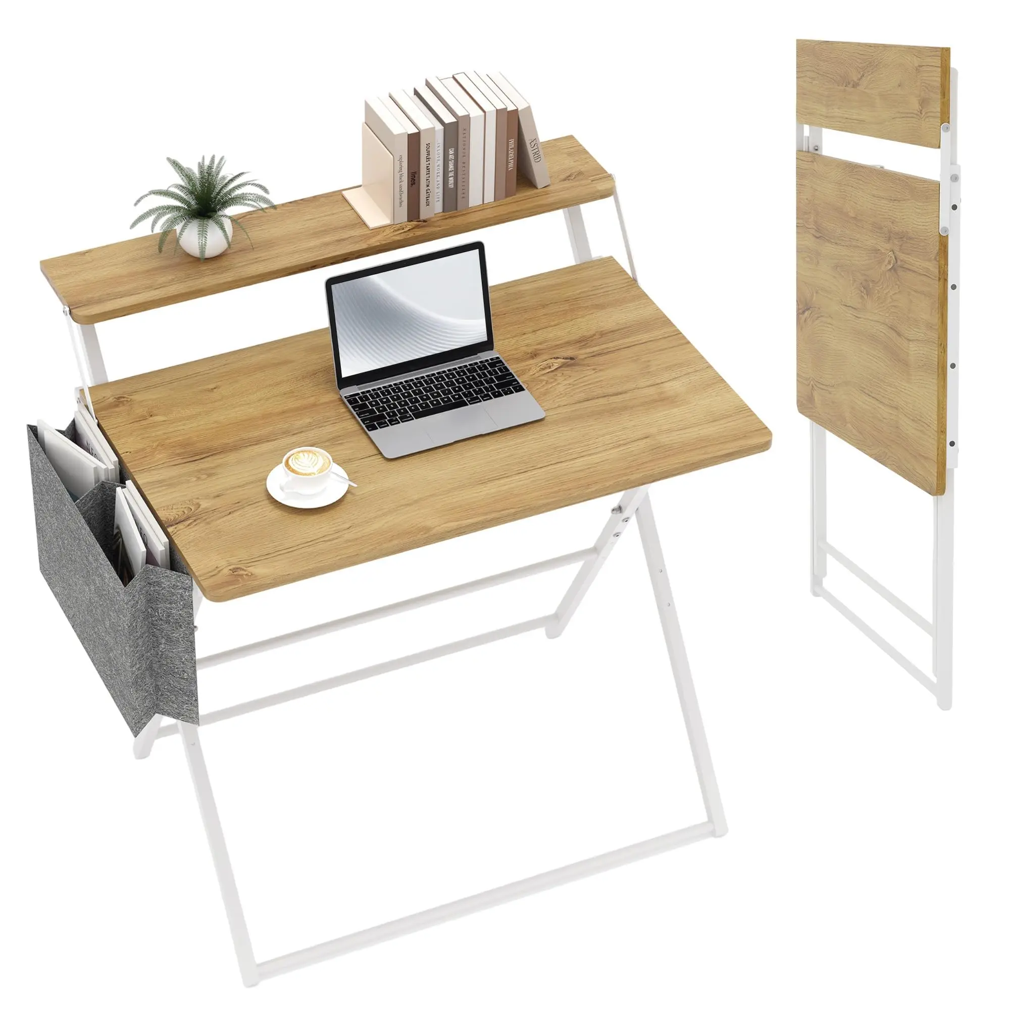 31.5" 2-Tier Folding Office Desk with Shelf and Side Pocket - Collapsible, Portable, Space-Saving Laptop Table for Home Office, Dorm Use