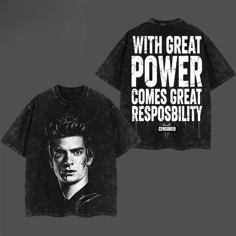 Vintage Washed Friendly Neighborhood Spidey Double Sided Tee, Cracked Text With Great Power Comes Great Responsibility Drip Letter Print, Heavyweight Boxy Oversized Unisex Black Cotton Distressed T-Shirt