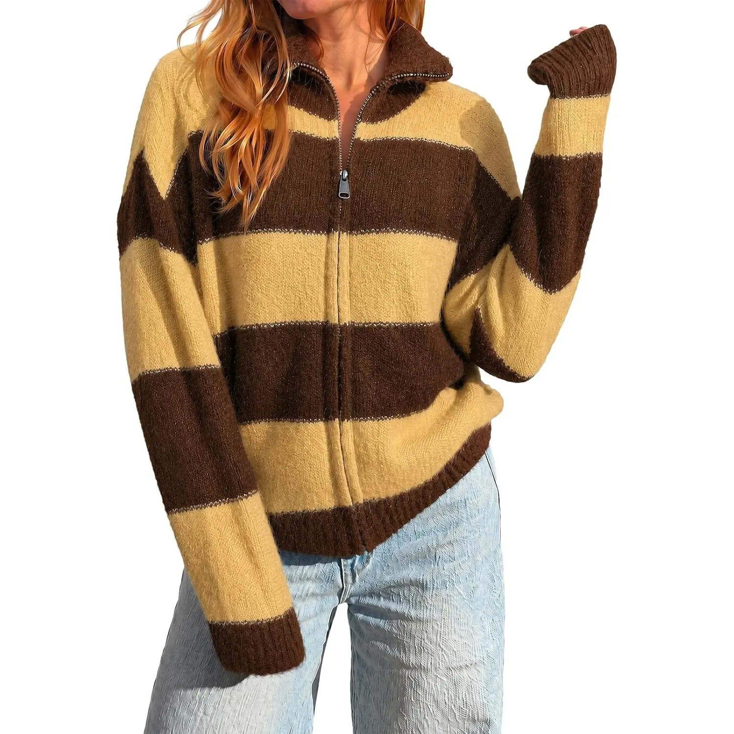 Cicy Bell Women Striped Color Block Cardigan Zip Long Sleeve Knit Sweater | Casual Trendy Outerwear, Knitwear, High Neck, Lightweight, Soft, Fall Clothes, Going Out, Streetwear, Daily Wear, Winter Warm