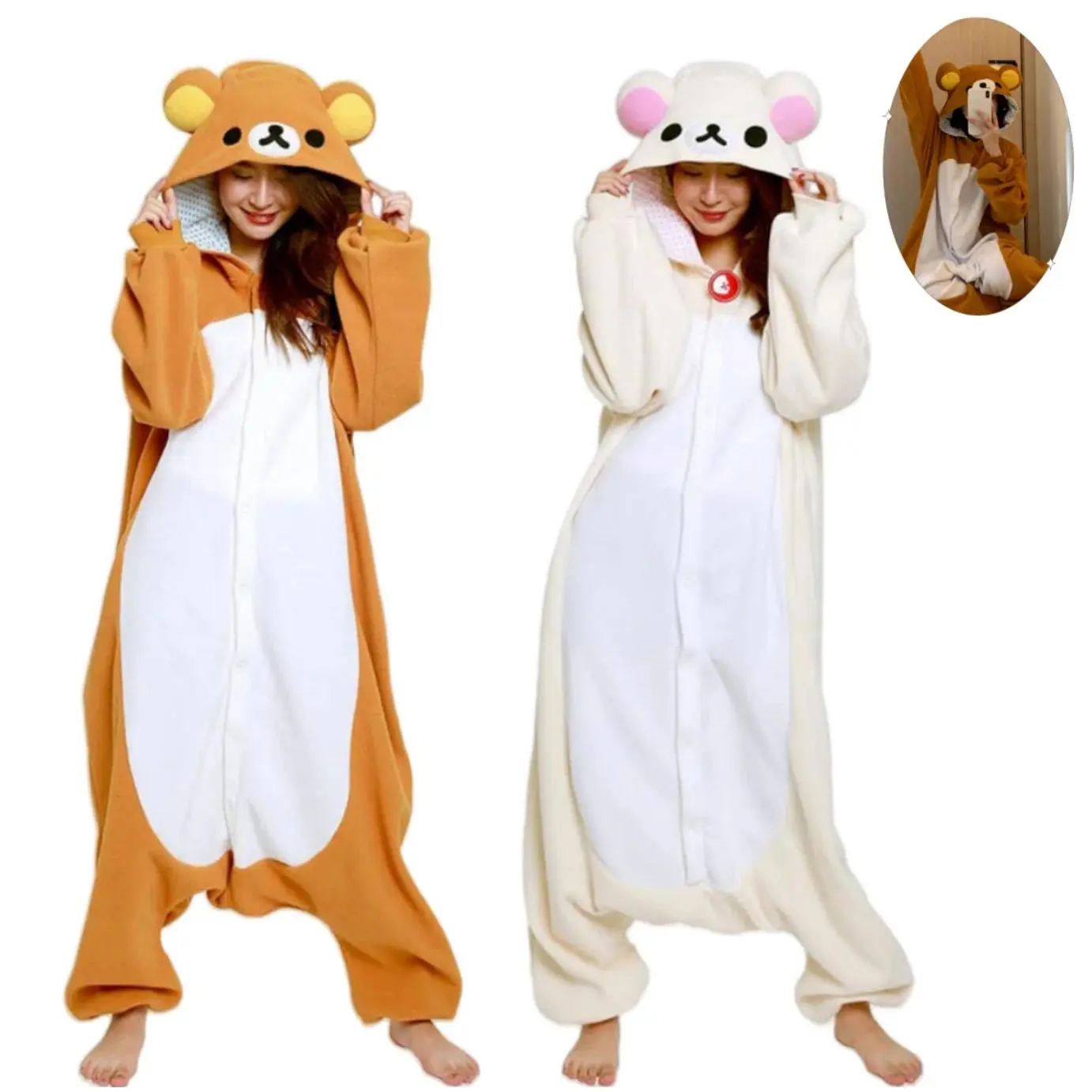 Women's Rilakkuma Kigurumi Bear Sister Hooded Long-Sleeve Jumpsuit, Cute Kawaii Anime Basic Nightwear Pyjamas, Comfortable Home Supplies Loungewear