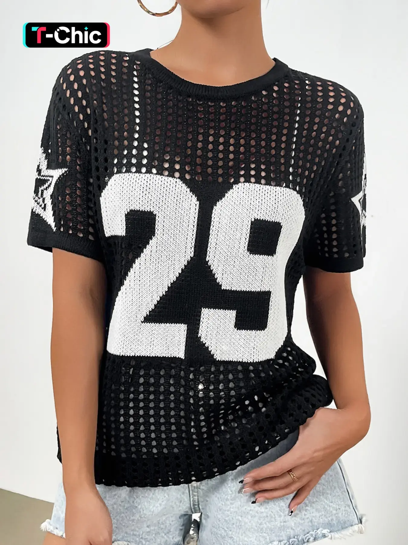 Women's Figure & Letter Hollow Out Breathable Light Soft Sweater, Casual Fashion Short Sleeve Crew Neck Round Neck Knit Top for Summer, Fashion Women's Knitwear for Daily Wear, Womenswear, Lady, Everyday