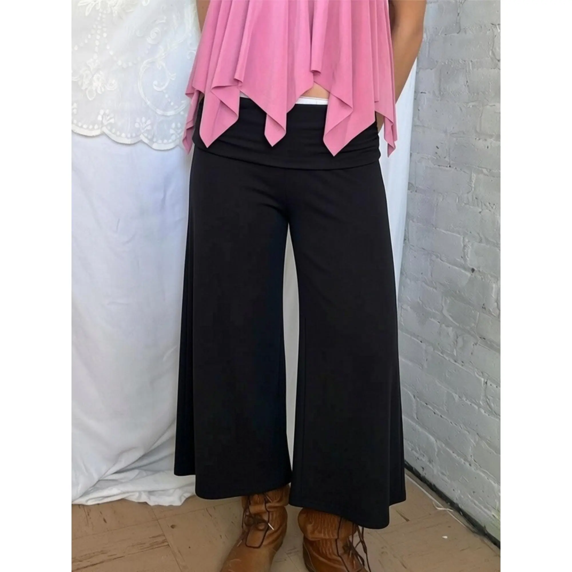 y2k Capris Pants Women Stylish Solid Color Mid Rise Wide-leg Loose Fit Cropped Trousers