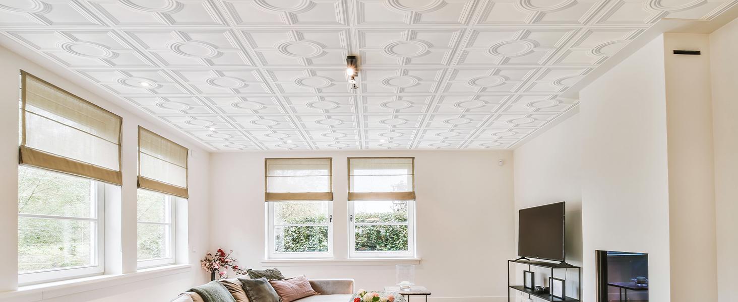 Drop Ceiling Tiles 24 x 24in, Waterproof, PVC Ceiling Panels to Prevent Breakage, Pack of 12 Tiles Cover 48 Sq.Ft, White
