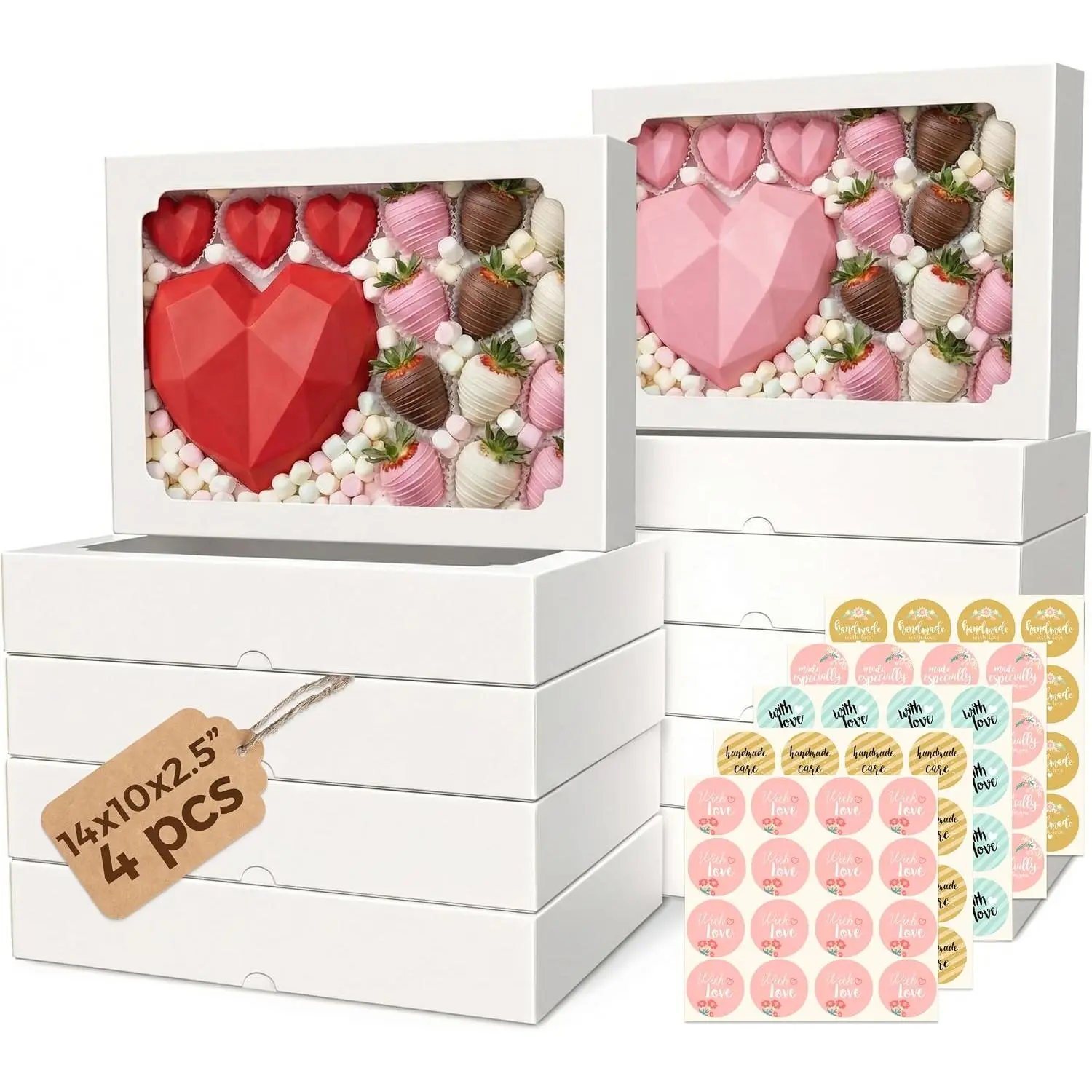 4 count Cookie Boxes with Window 14x10x2.5 inch, Large Bakery Boxes, Auto-Popup  Box for Desserts,  Covered Strawberries, Breakable Heart, Pastries, Cajas Para Postres with 80 Stickers
