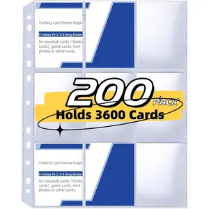 200 Pack 9 Pocket Trading Card Binder Pages, Holds 3600 Cards, Thickened Binder Sleeves, 3 Ring 9 Pocket Sheets for Sports Cards, Coupons Cards