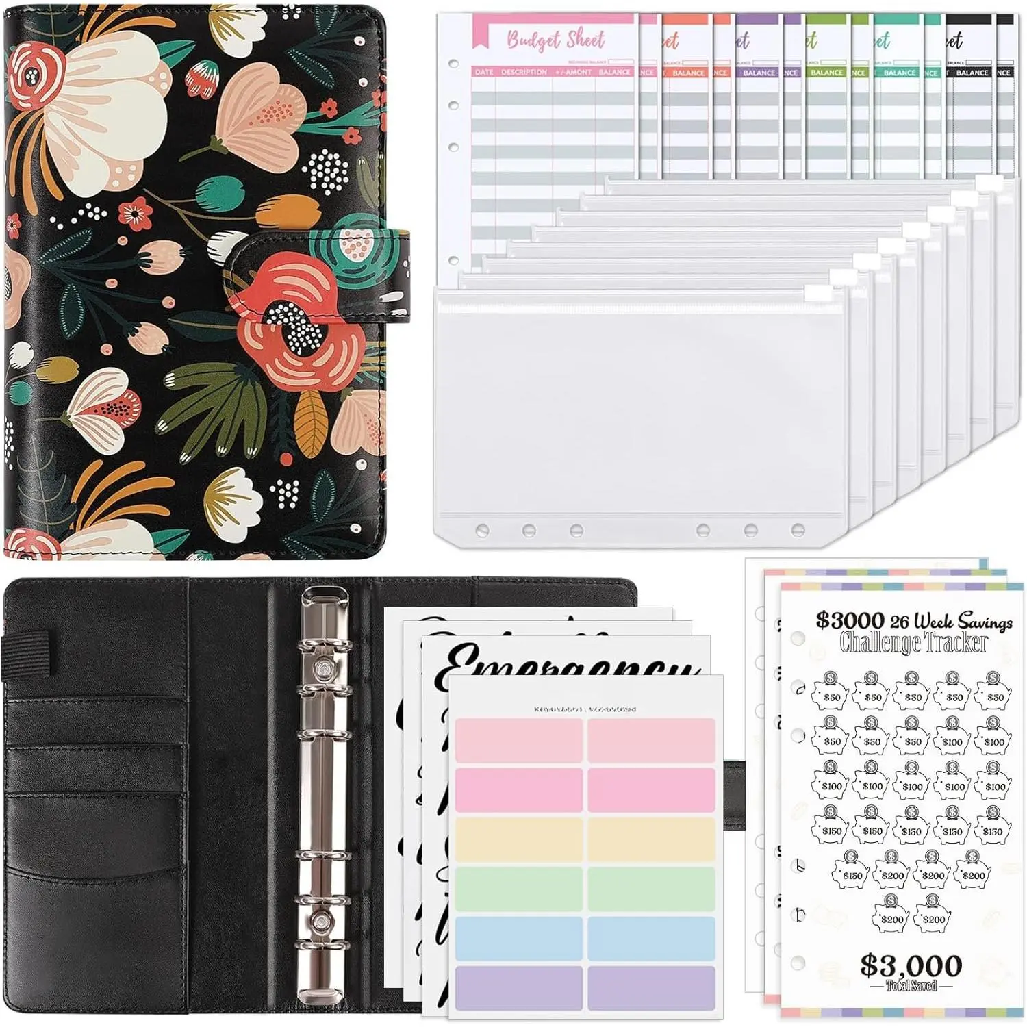 Budget Binder with 8 count  Envelopes, 12 count Expense Budget Sheets, 2 count  , and Category Labels - Budget Binder & Challenges Book Combo for Saving