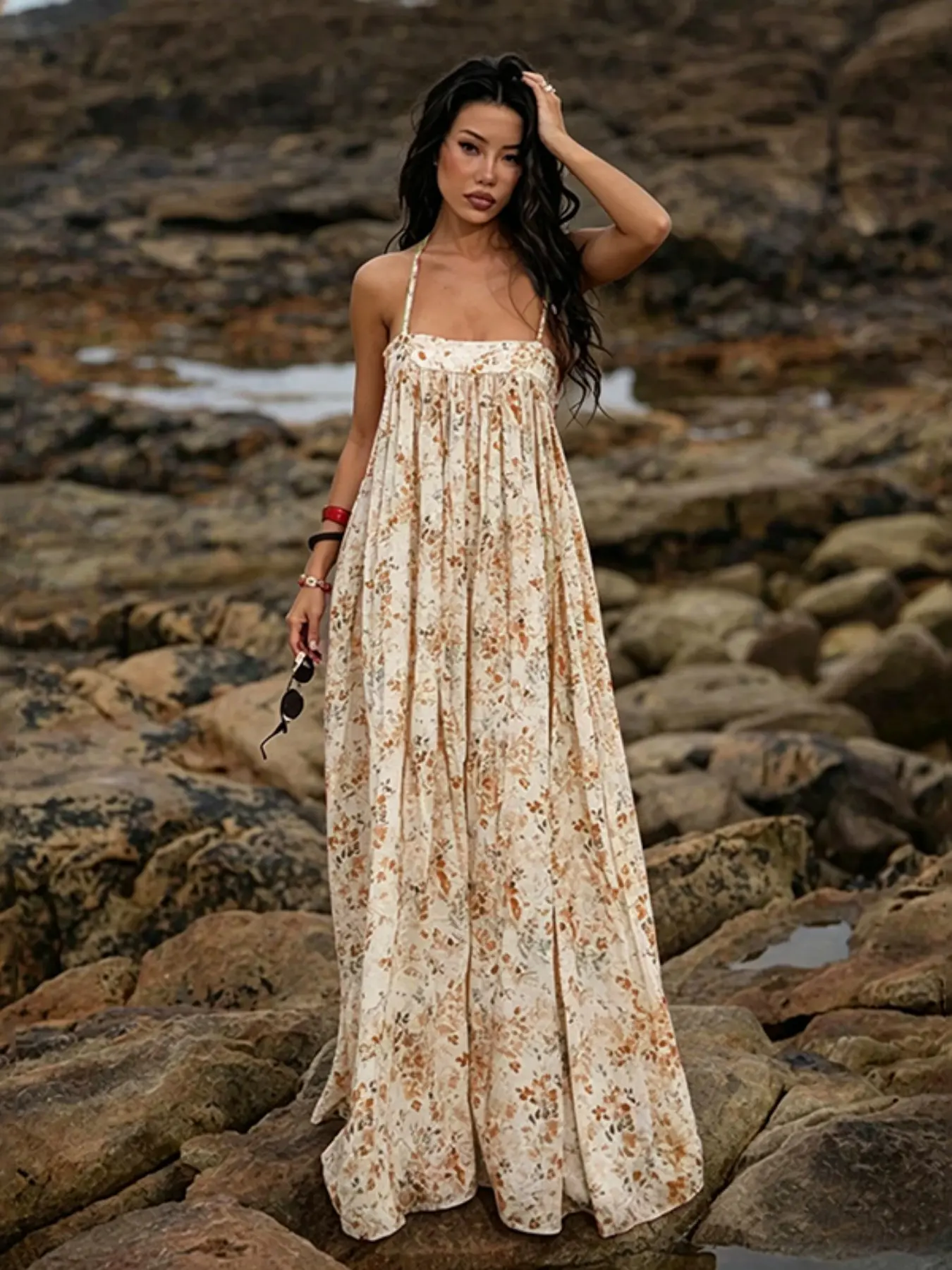 Women's Summer Loose Long Floral Print Vacation Dress, Perfect for Daily Outing, Travel, and Leisure, Comfortable and Stylish