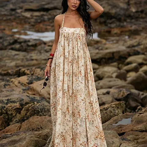 Women's Four-Season Loose-Fit Long Dress, Ditsy Floral Print Style, Ideal for Daily Wear and Vacation, Comfortable and Stylish, Floral Print Dresses