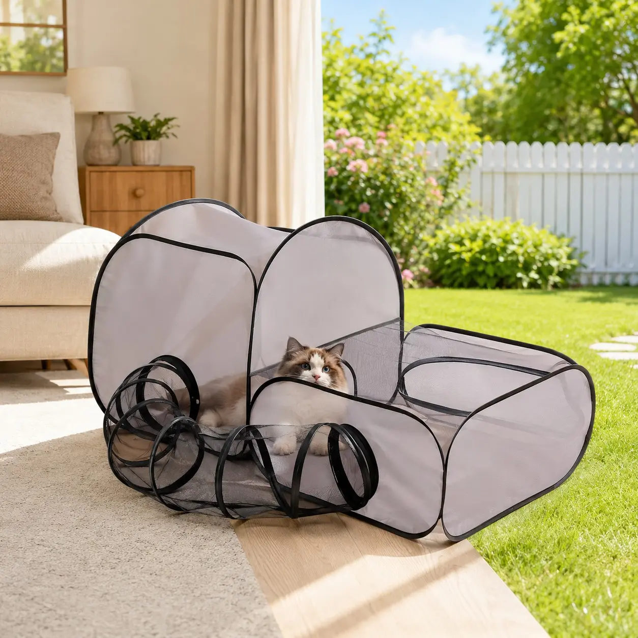 Portable Cat Tunnel Fence, Breathable Soft Tunnel, Indoor Outdoor Pet Enclosure, Cat Bed for Cats and Small Dogs, Includes Carry Bag