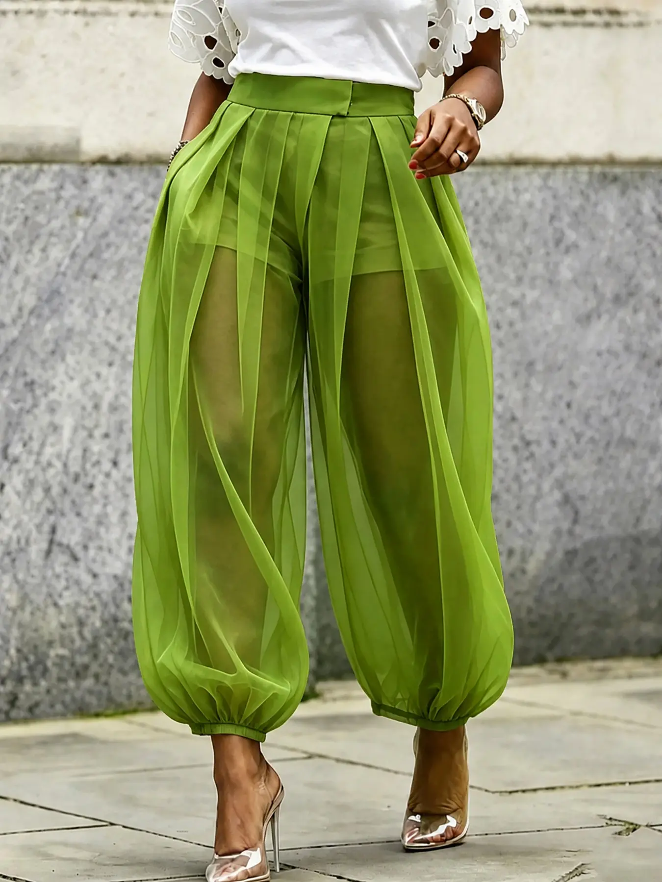 Mesh Lantern Wide Leg Pants, Loose Fit Casual Long Pants with Pockets, Street Fashion Wear, Comfortable and Stylish