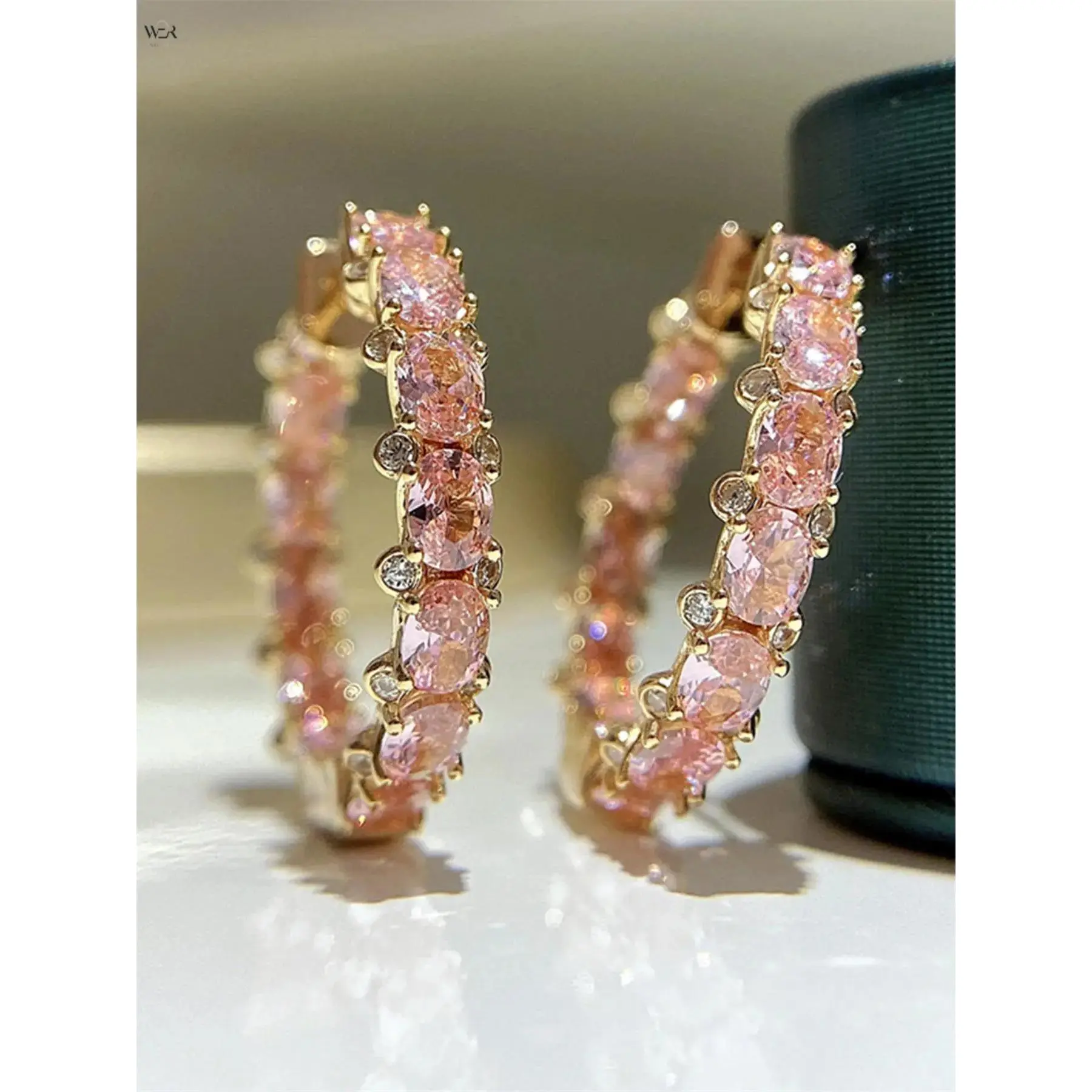 Earring Pink Crystal Hoop Pavé Sparkling Statement Lightweight Feminine Summer Gift for Women Girls Daily Wear Special Occasion Perfect Accessory
