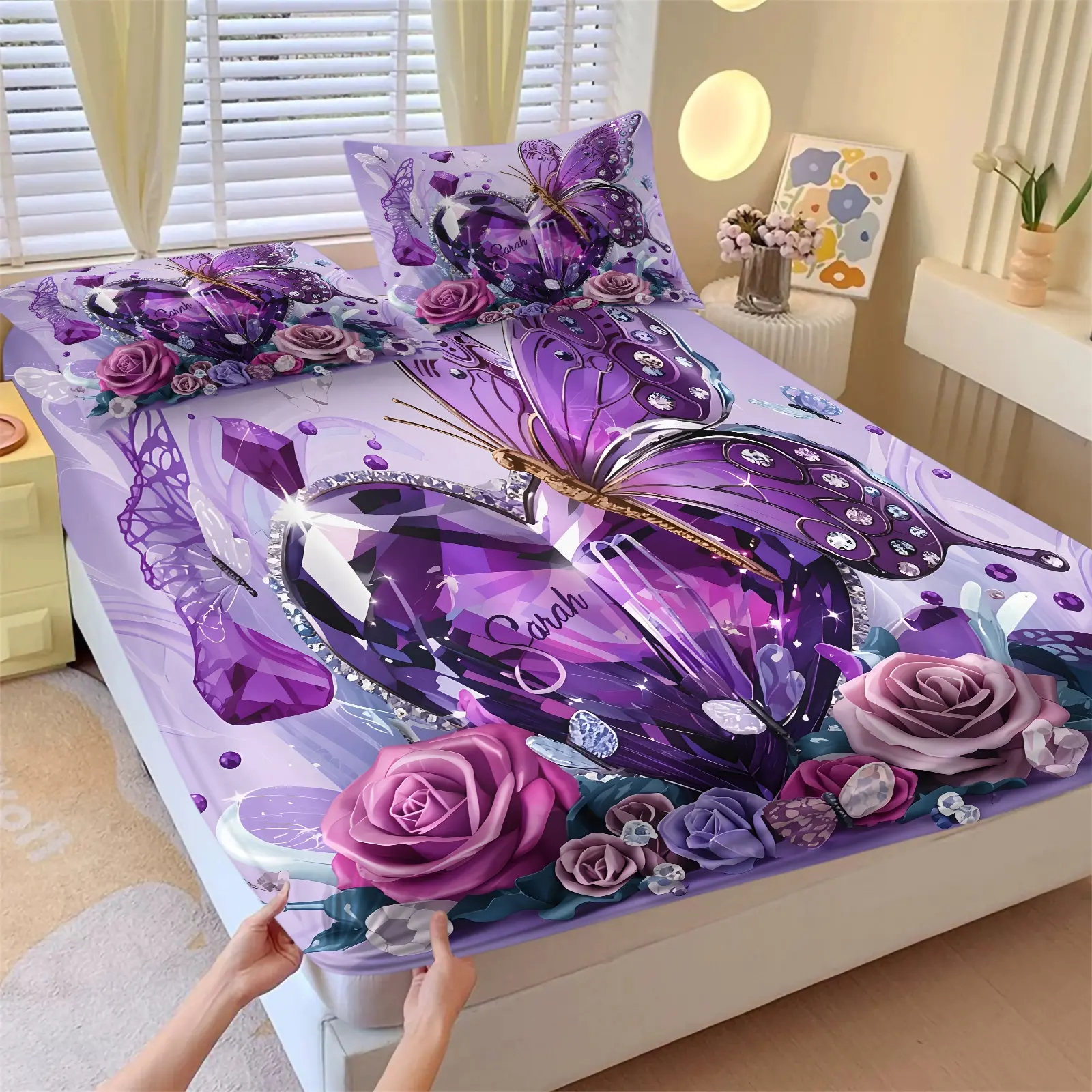Purple Crystal Butterfly Print Fitted Sheet Set 3 Piece with 2 Pillowcase, Lavender Romantic Girly Bedding All Size, Amethyst Heart Rose Print Bed Set All Size, Soft Skin-Friendly Elastic Mattress Cover, Girls Bedroom Decor