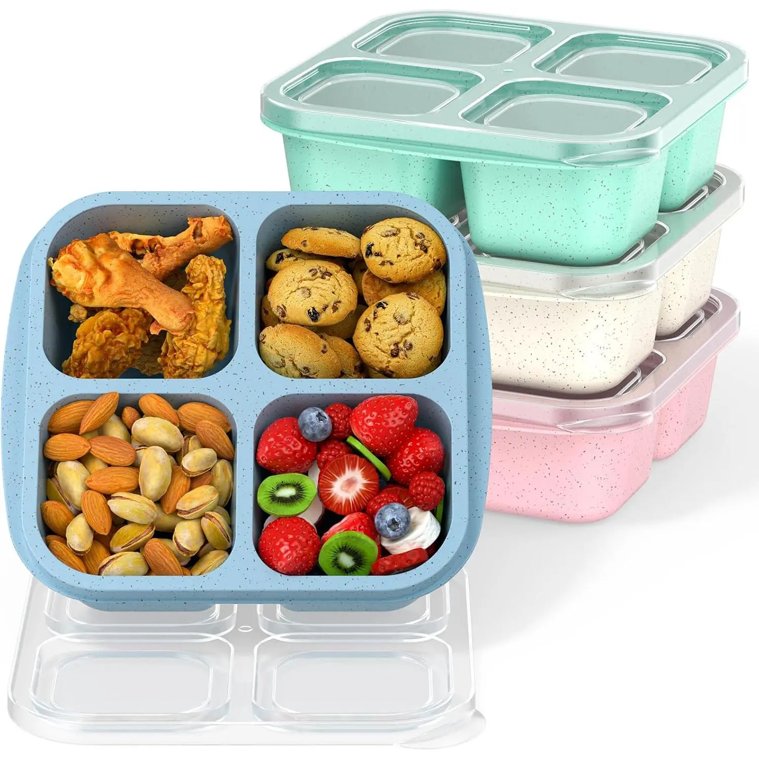 Bento Snack Boxes (4 Pack)-  4-Compartment Meal Prep Containers for  and Adults,   Storage School, Compact Stackable (Wheat(Green/Blue/PK/Beige))