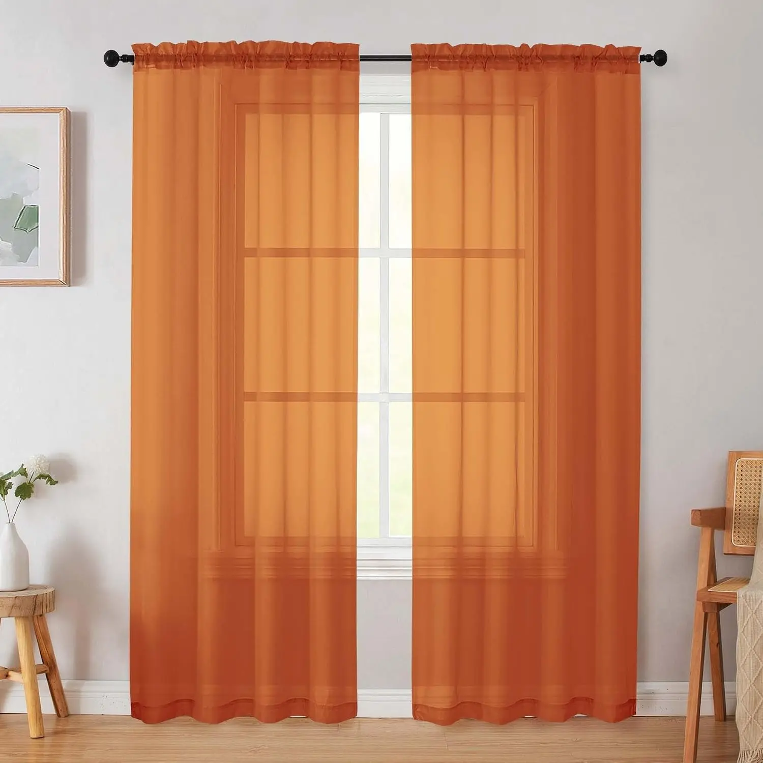 Orange Sheer Curtain for Bedroom Living Room 72 Inches Long 2 Panels Set, Solid Soft Airy Light Filtering Sheer Window Curtains, Modern Rod Pocket Door Curtain, Orange, 42" Wx72 L Inches