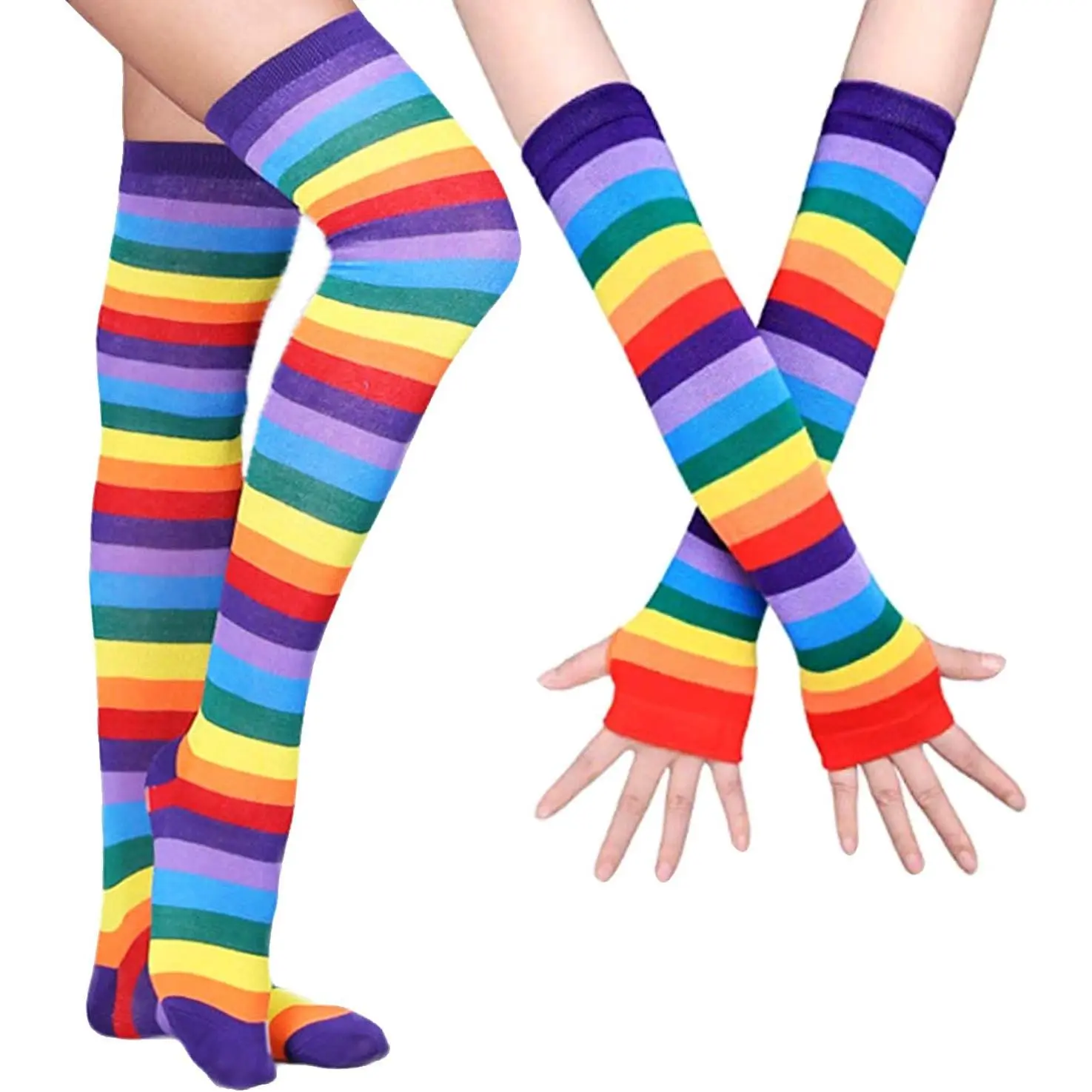 Womens Girls Cosplay Rainbow Striped Knee High Socks Leg Arm Warmer Fingerless Gloves Set