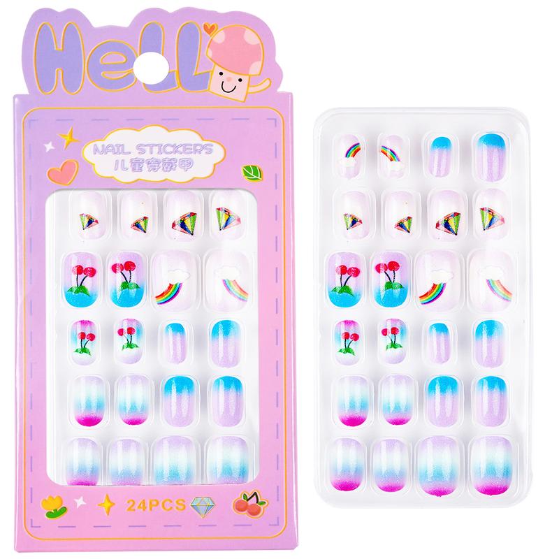 24Pcs/Box Children False Nails Kids Cartoon Girl Press on Nail Short Artificial Fake Nail Safe Full Cover Acrylic Nail Tips Kits