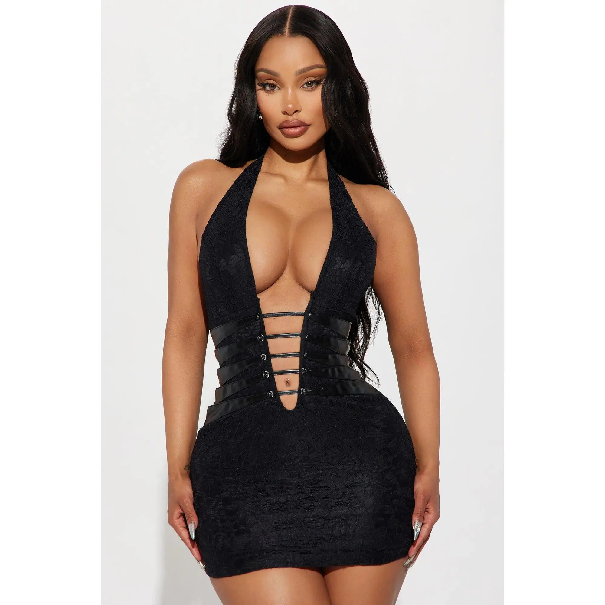 Women's Black Halter Bodycon Mini Dress Deep V Lace Up Cut Out Sleeveless Club Party Going Out Dress