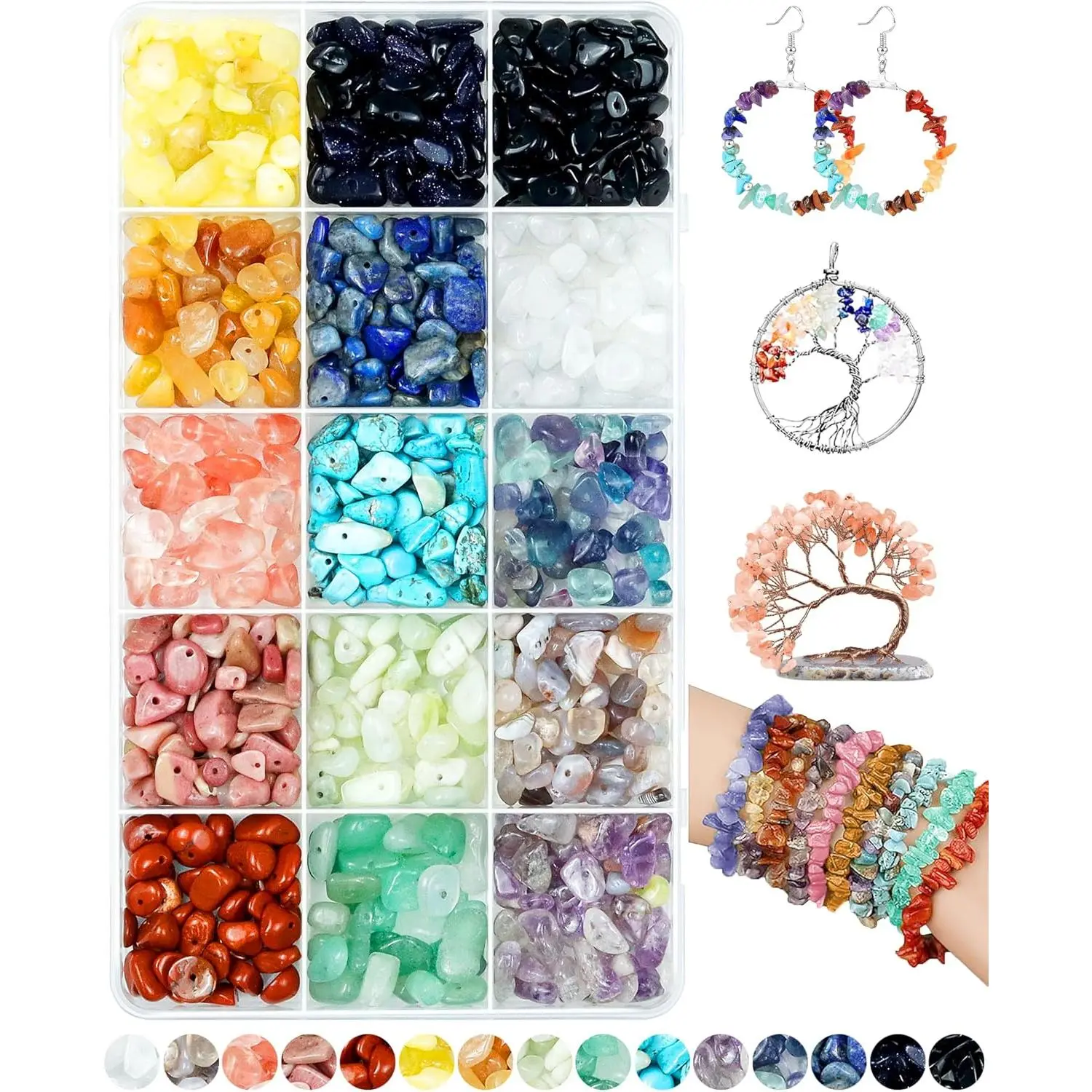 FIVEIZERO 600pcs Natural Chip Stone Beads 5-8mm - 15 Color Crystal Chip Beads for Jewelry Making, Valentine's Day Bracelet,DIY Irregular Gemstone Beads with Drilled Holes