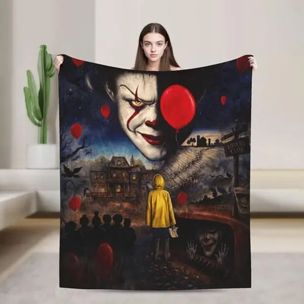 Pennywise Blanket, Spooky Red Balloon Flannel  Blanket, Halloween Decor Lightweight Soft Blanket for Sofa Couch Bedroom, Gift for Horror Movie Fans