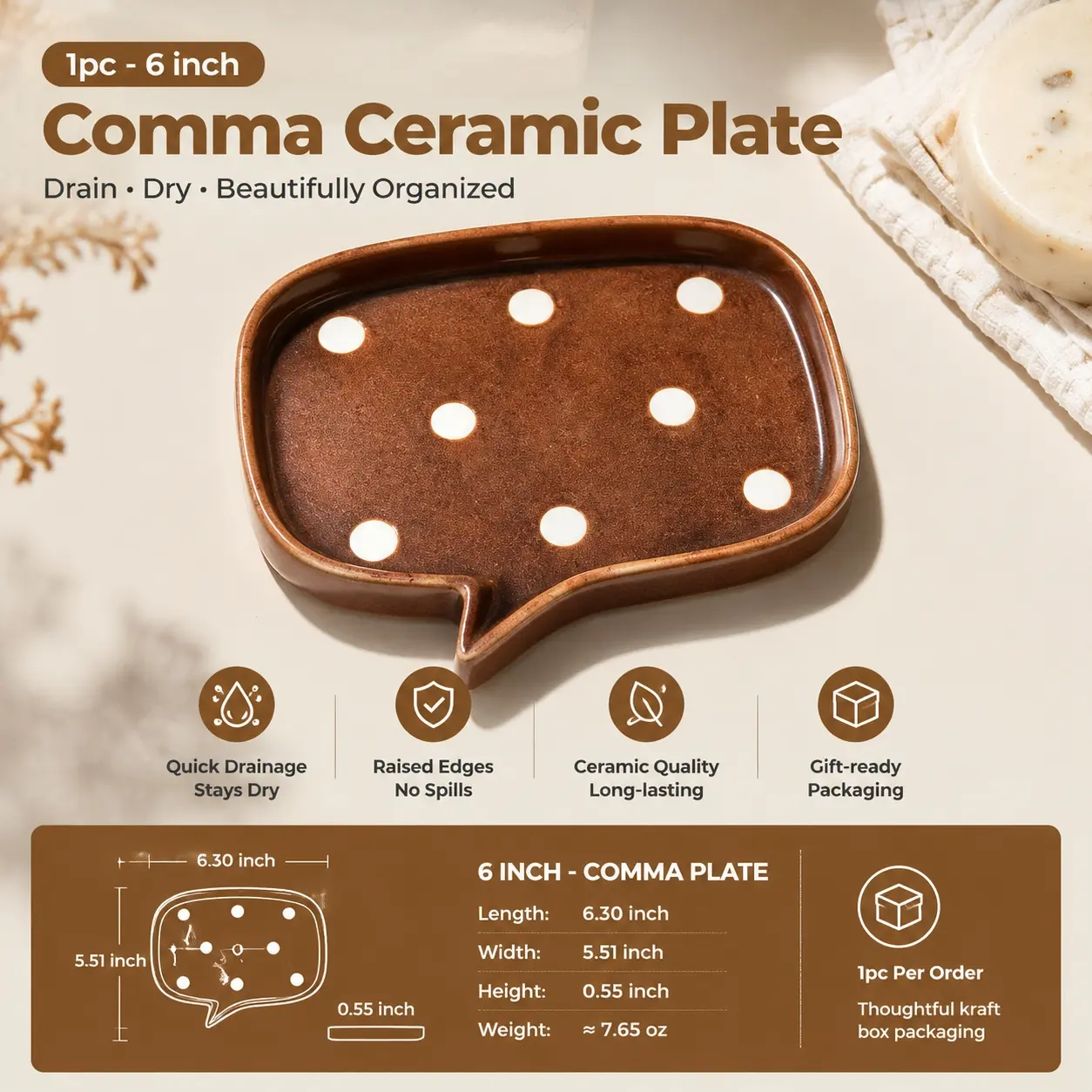 Rustic Ceramic Serving Plate, Handmade Style Polka Dot Tray with Handle for Kitchen Table Decor, Ceramic Plates