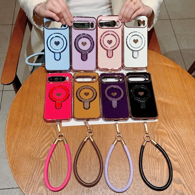 Compatible with Pixel 10 Pro XL/10 Pro/10/9 Pro/8A/7A | Electroplated Heart Side Phone Case With Ring Stand & Lanyard, Full Shockproof Cover HNZ0252
