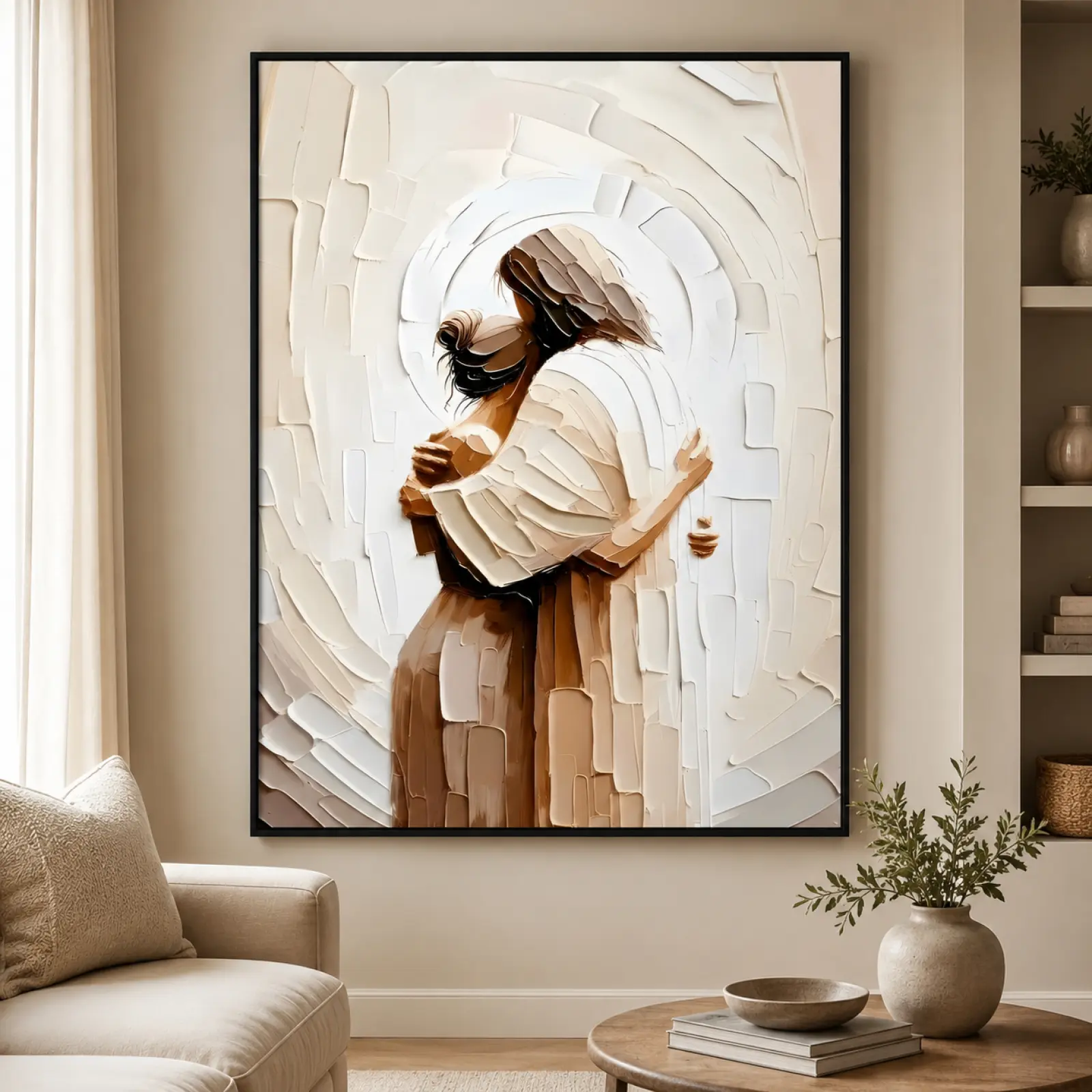 Jesus Hugging Woman Textured Poster Black Framed Canvas Wall Art, Neutral Boho Christian Religious Wall Decor, Minimal Faith Artwork for Bedroom Prayer Room, Spiritual Home Wall Hanging Gift