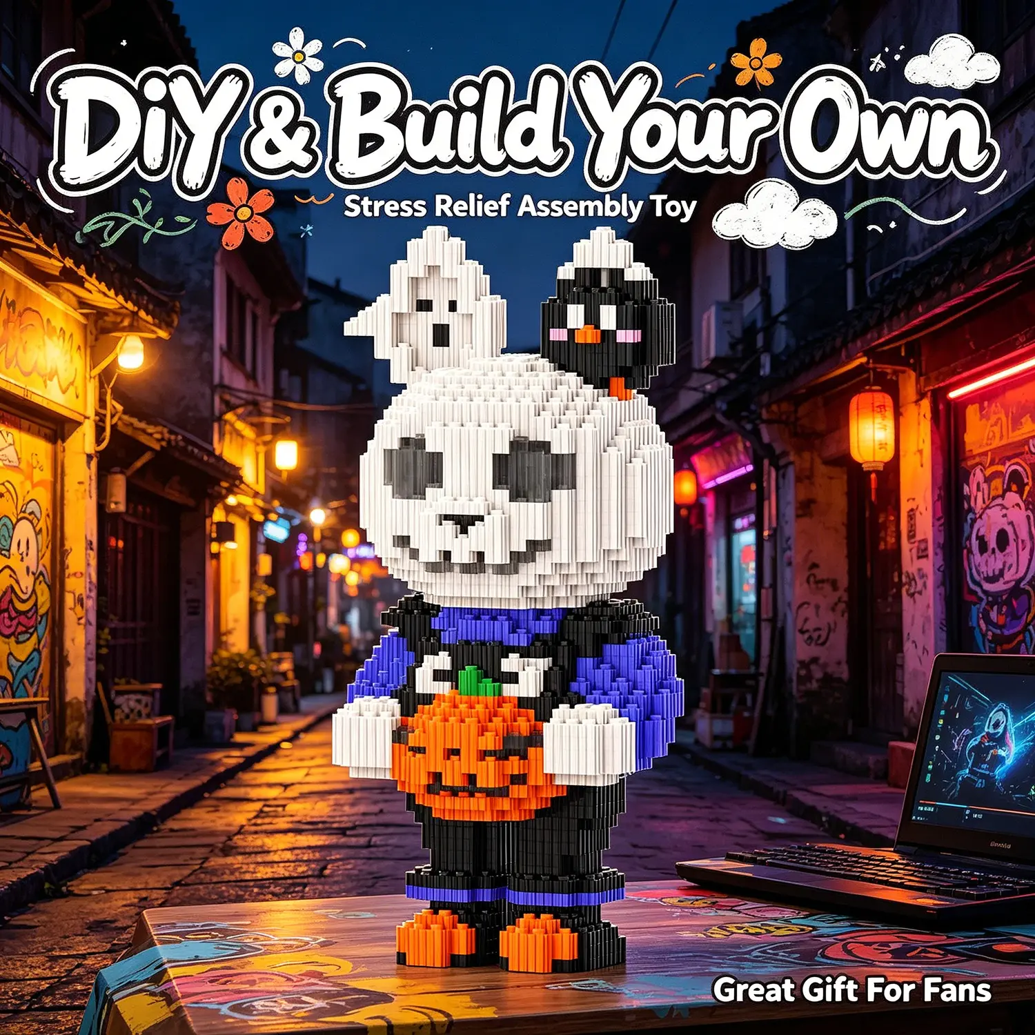Night Tour Old Street Halloween Bunny 3D Puzzle Block Decor, Ideal Gift for Holidays, Home & Party Decoration, Handmade Craft Statue