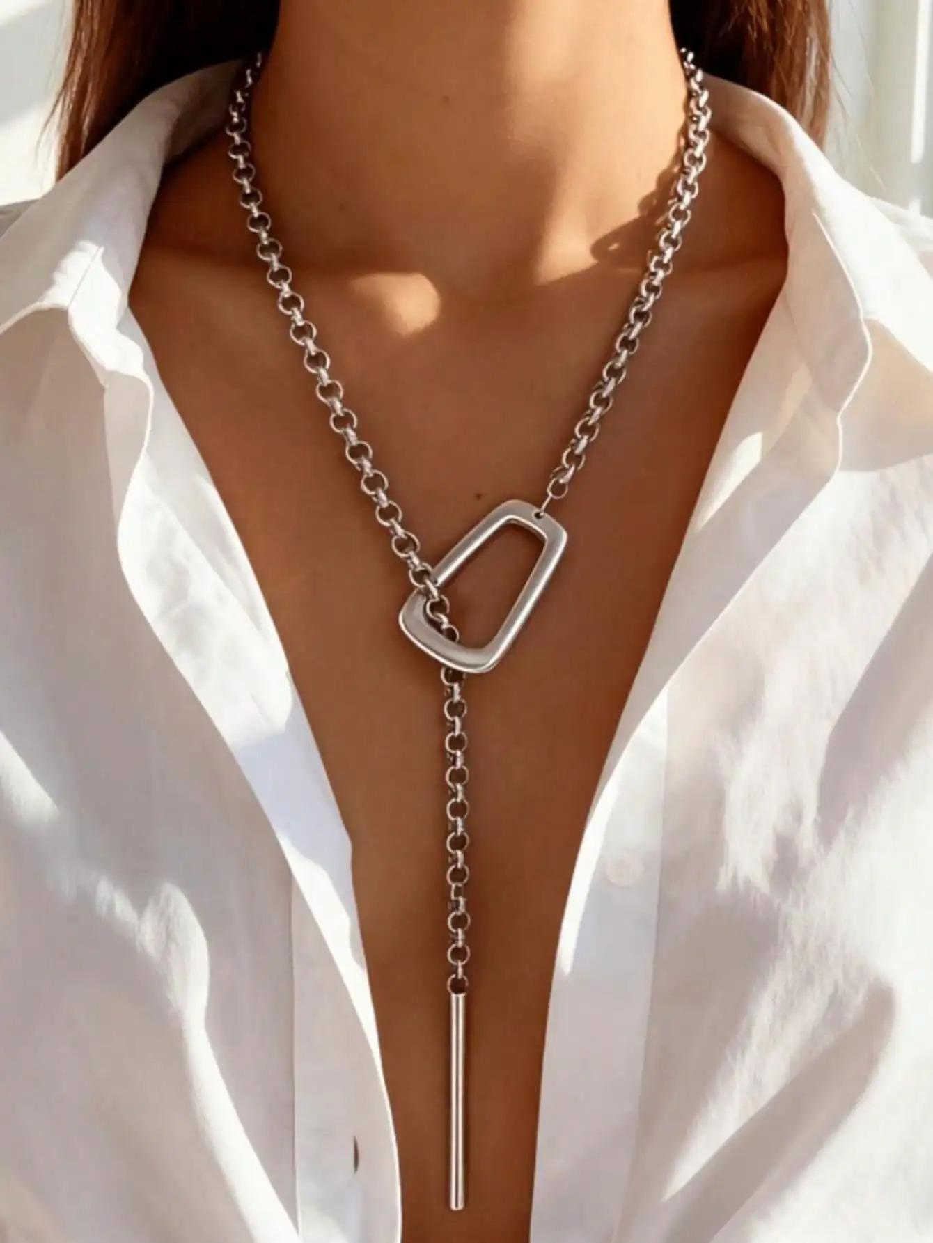 Long Bar Silver Plated Copper Chain Pendant Women's Bold Y Necklace Unique Chunky Chain Adjustable Lariat Necklace Beautiful Collarbone Necklace Trendy Chunky Statement Jewelry for Party Daily Wear