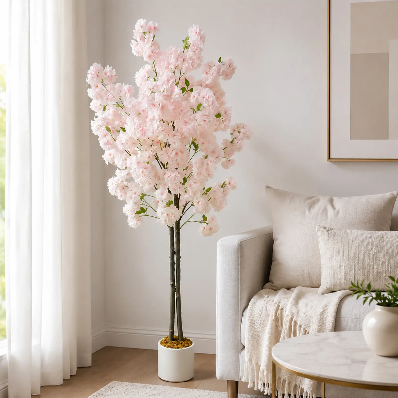 5/6FT Light Pink Faux Cherry Blossom Tree – Double-Trunk Silk Plant in Pot for Home, Office, Wedding, Garden, Party & Hotel Decor