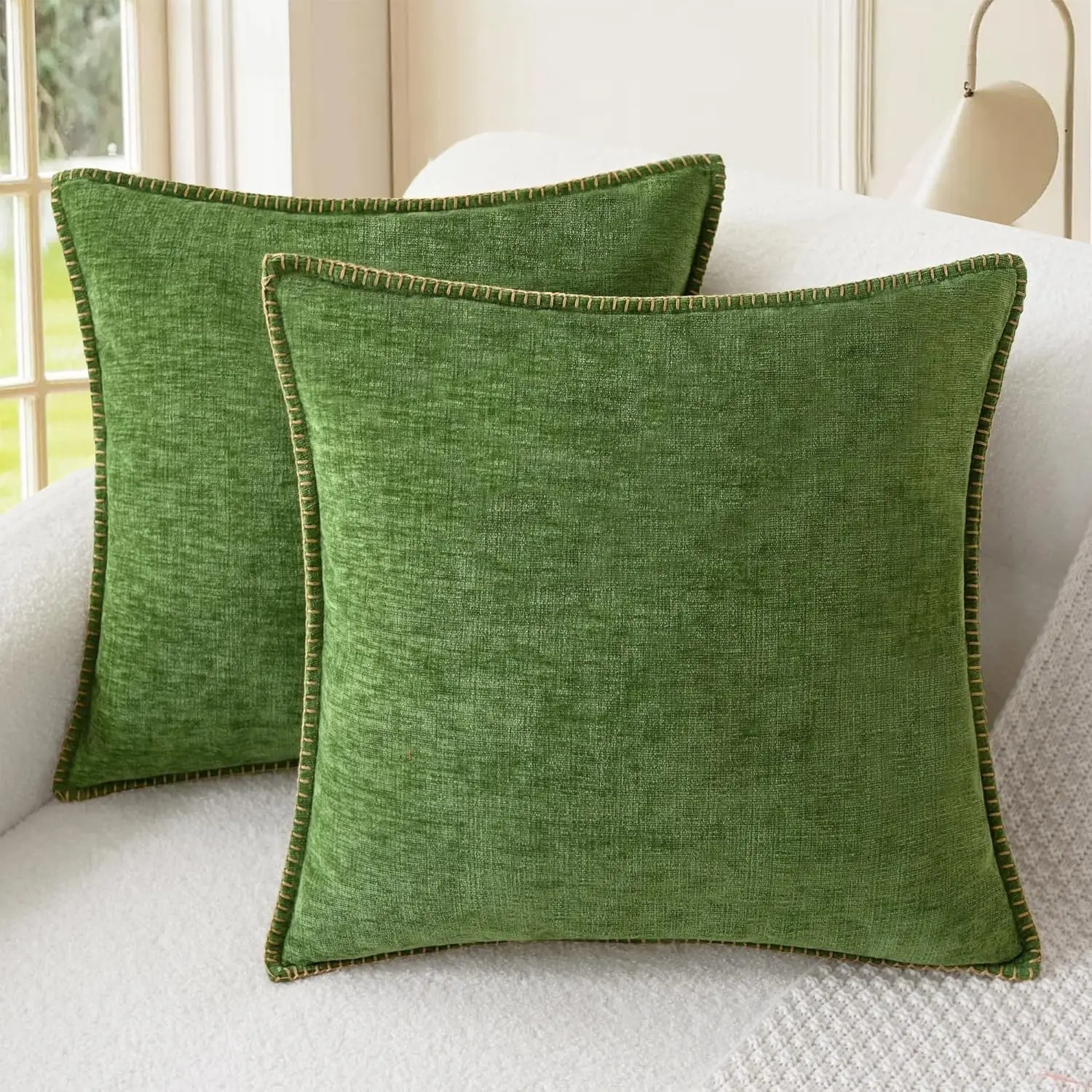 2PCS Throw Pillow Covers Decorative 18 X 18 Inches Cotton Thread Stitching Edges Solid Dyed Soft Chenille Cushion Cases for Couch Sofa Bed Living Room Farmhouse