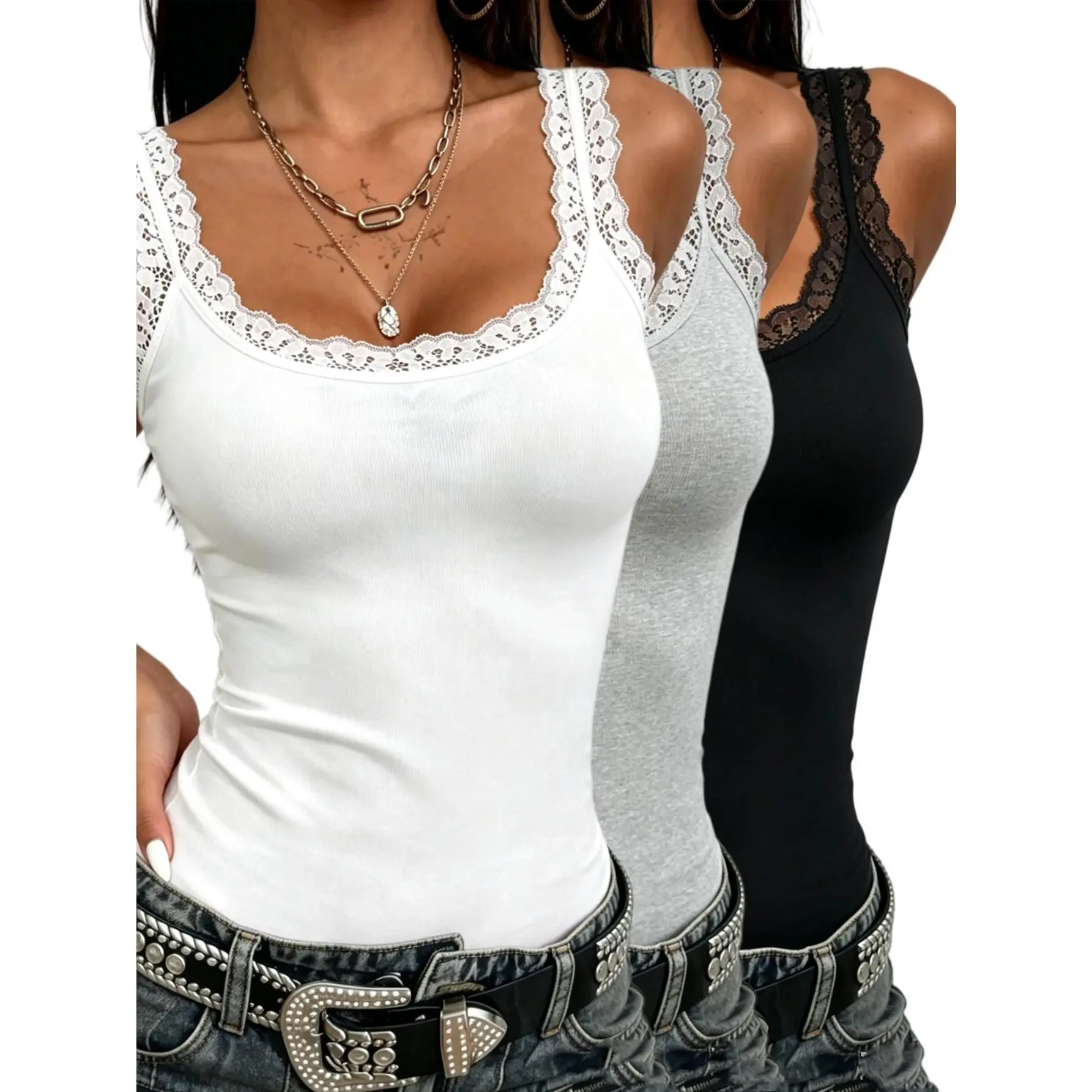 Women's 3-Pack Lace Trim Camisole Tops - Sleeveless, Comfortable, Breathable, Feminine Basic Undershirts, Korean Style Layering Essentials for Outfits & Pajamas (Neutral Shades: Black, White, Gray)