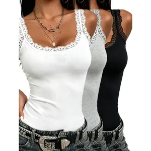 Women's 3-Pack Lace Trim Camisole Tops, Sleeveless Basic Undershirts, Korean Style Layering Essentials for Outfits with Denim, Jackets, Blazers, Sweaters (Neutral Shades: Black, White, Gray)