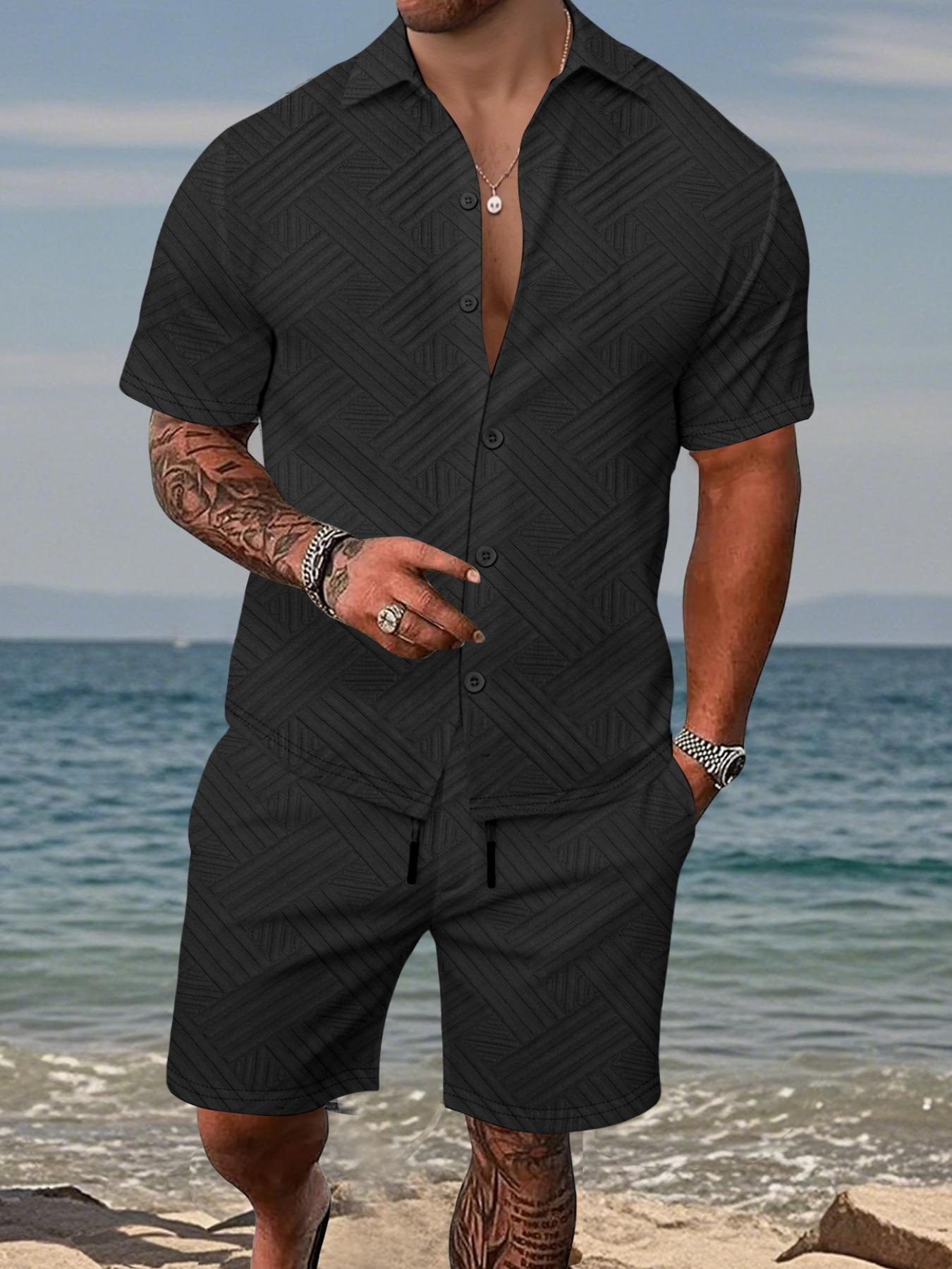Men's 2-piece set:a short-sleeve button-up shirt paired with drawstring shorts. This summer outfit features a casual, Tropical textured diagonal stripe pattern, perfect for beach getaways, vacations, casual outings, and more—a men's stripe set.