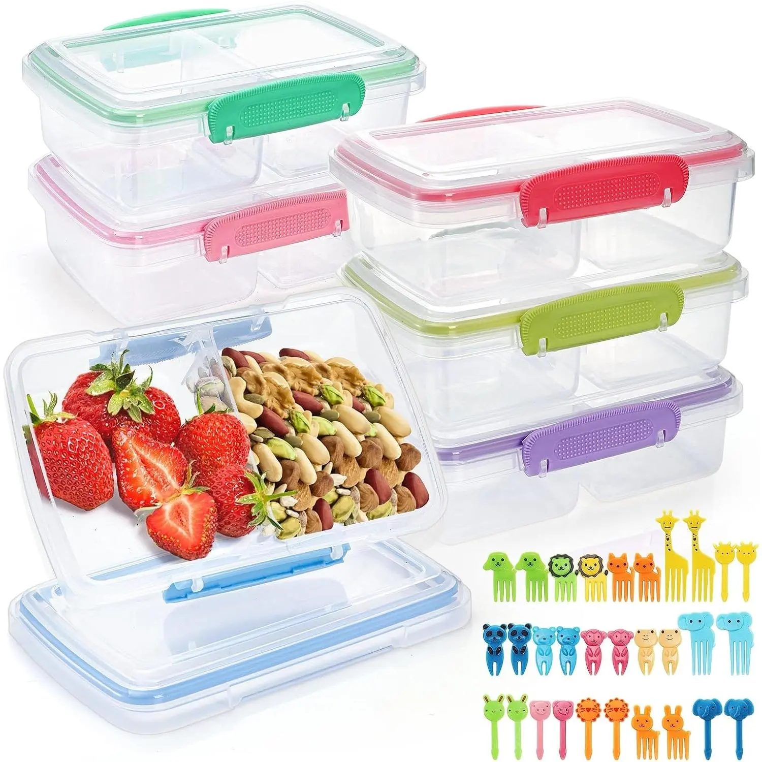 6 Pack Bento Snack Box with 30  Picks, 2 Compartment Snack Container with Lid,  Lunchable Containers for Adults, Divided Meal Prep  Storage Box for School, Travel