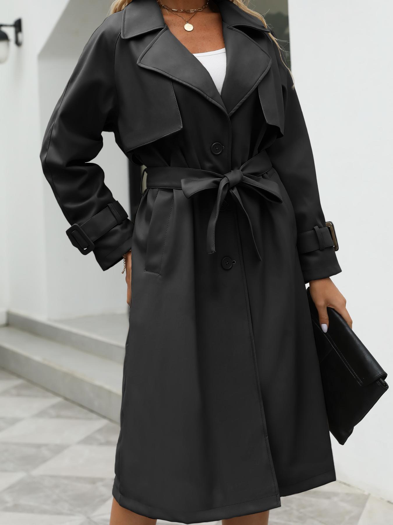 Women's Spring British Style PU Long Jacket, Casual Fitted Windbreaker, Lightweight Elegant Commuter Coat, Includes Waistband