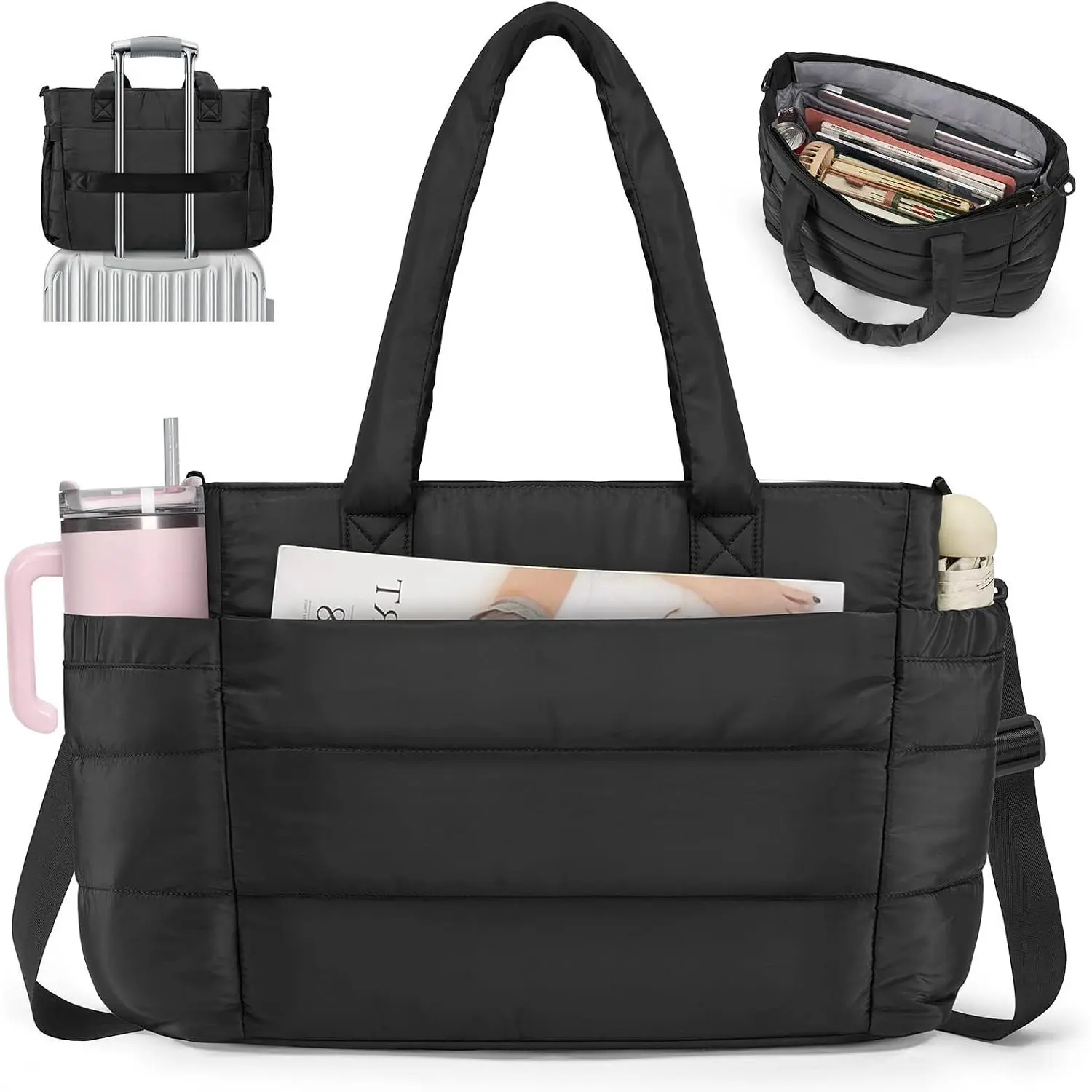 Tote Bag for Women with Cup Holder, 17in Puffer Work Bag, Quilted Laptop Bags Handbag for Work, Nurse, Teacher