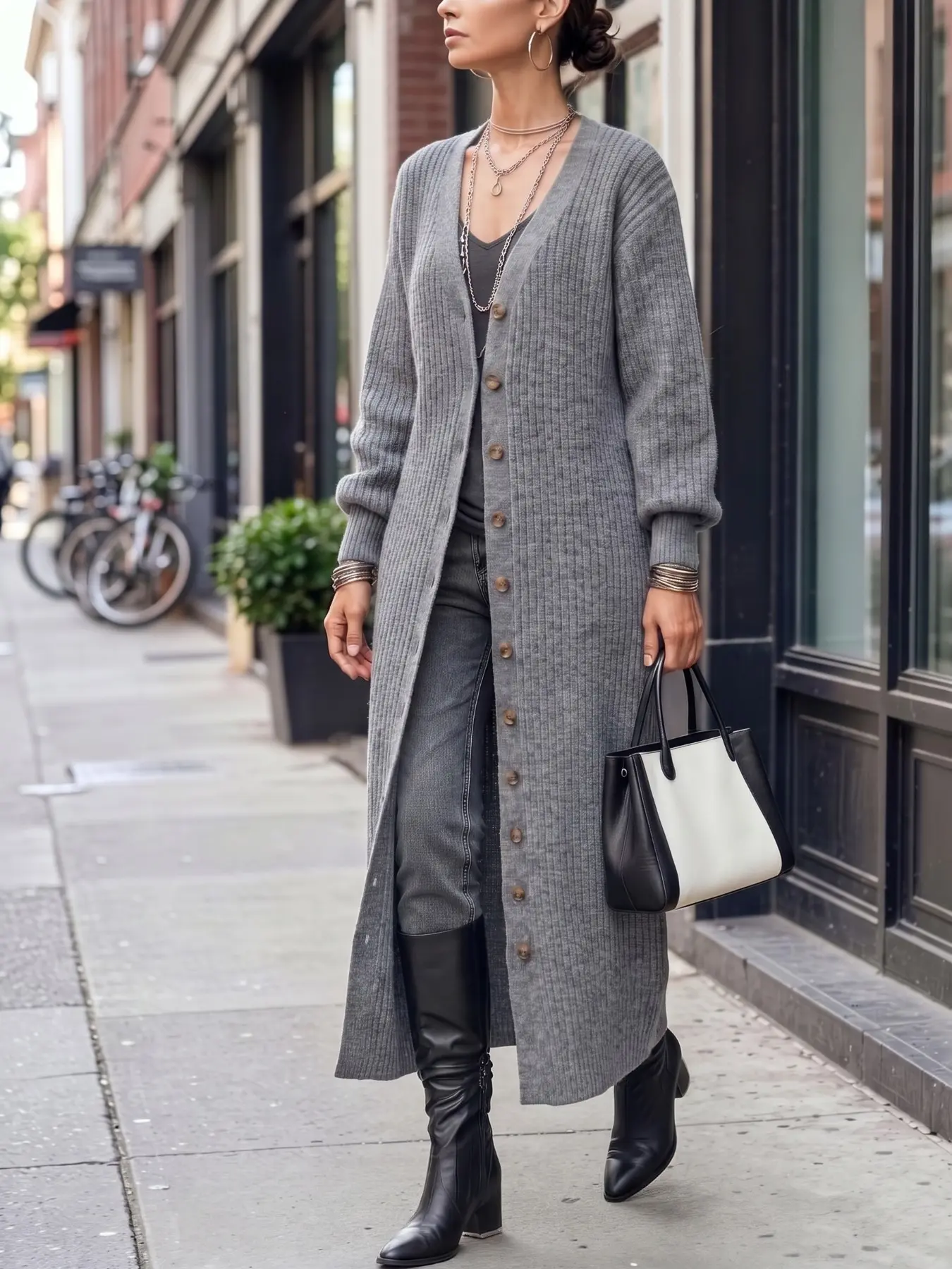 Comfortable Gray Knit Sweater, Long Sleeve Button Front Design, Fashionable Fall Winter Women's Clothing, Loose Fit Warm Pullover Knitwear