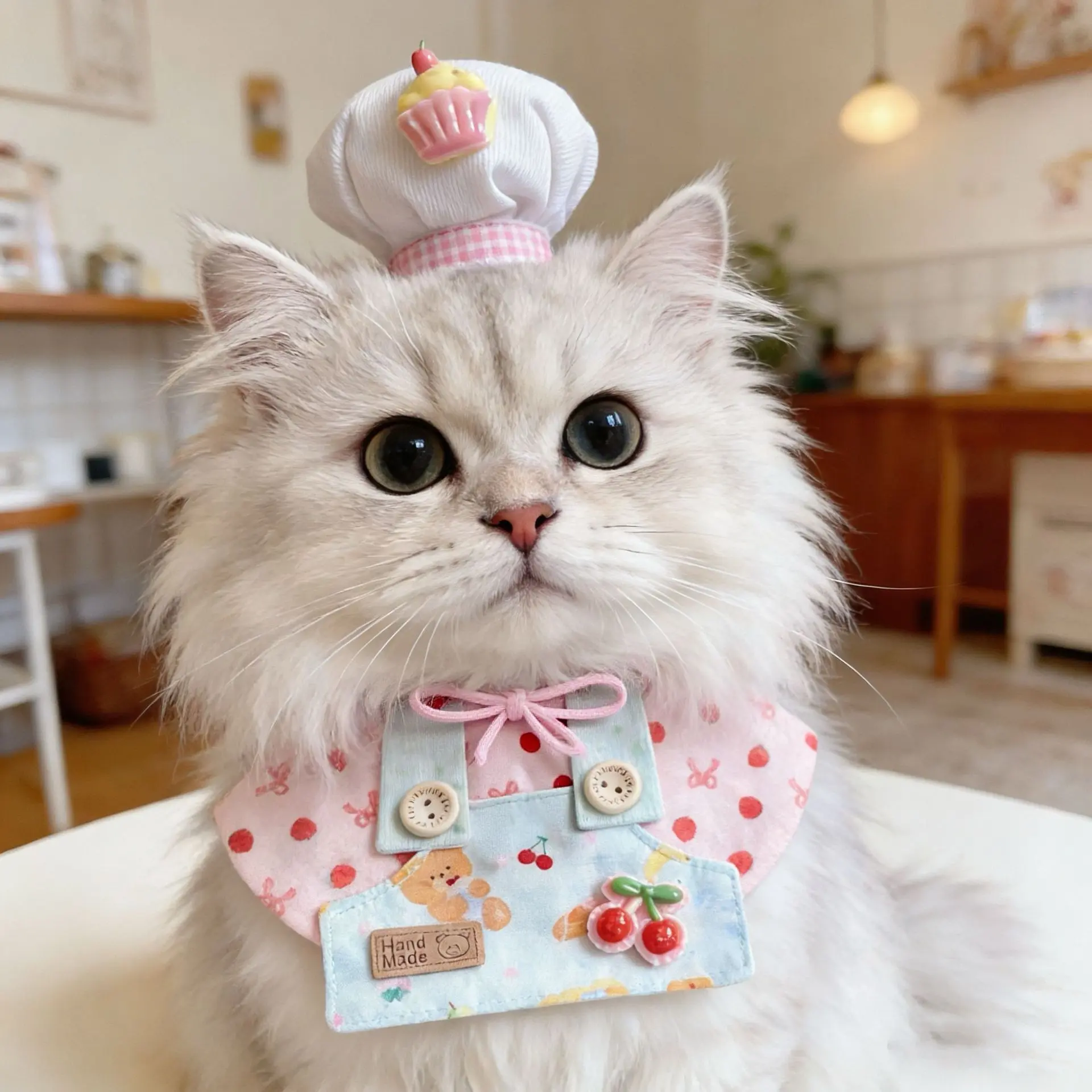 New cat chef apron costume with cute dog hat, strawberry print collar and bib pet clothing