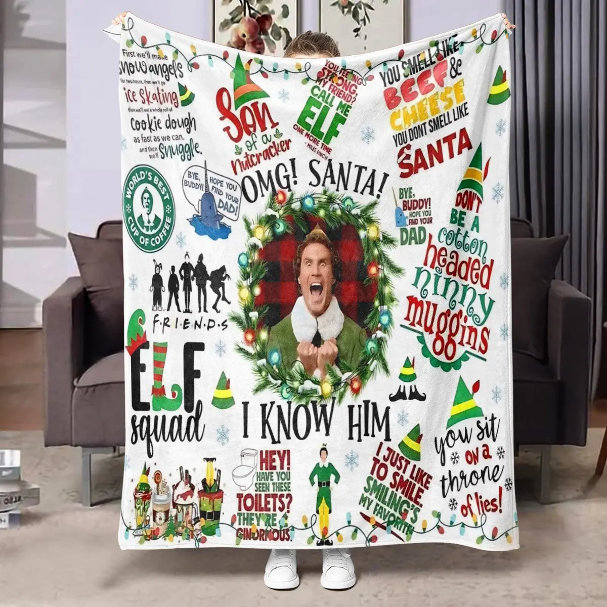 1pc White Background Christmas Elf Comedy Movie Holiday Themed Fleece Blanket, full print elf lead character portrait, colorful Christmas string lights, striped elf pointed hats, funny movie quote text, pine Christmas wreath, festive milkshake drinks, sno
