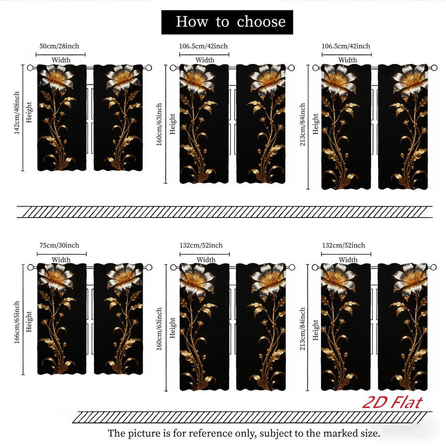 2Pcs Luxury Golden Flower Pattern Vintage Floral Sun Blocking Curtains Digital Printed Rod Pocket, Window Treatment For Bedroom Office Kitchen Living Room Study Home Decor