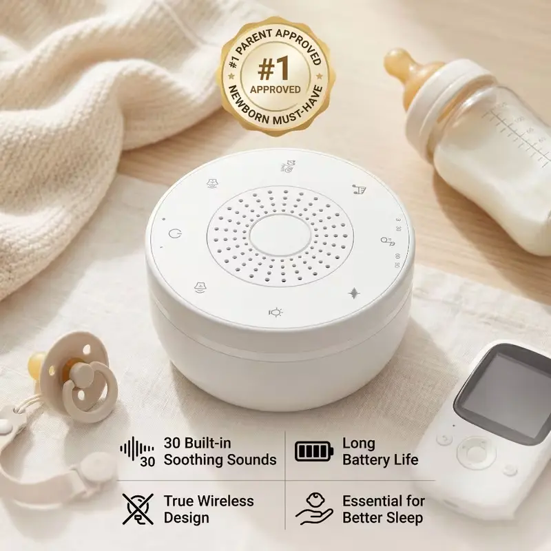White Noise Machine, Portable for Babies, 30 Soothing Sounds with Night Light, Sleep Trainer, Rechargeable Sound Machine for Newborns, No WiFi Required, Must-Have Baby Gift, Perfect Present for Newborns