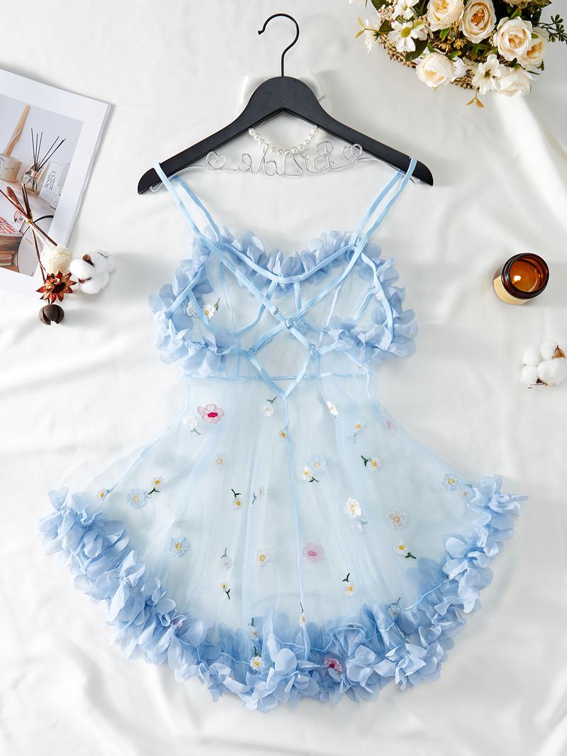 Women's Floral Embroidery Ruffle Hem Cami Nightdress, Adjustable Spaghetti Strap Criss Cross Backless Sheer Nightgown, Soft Comfortable Sleepwear for Women, Strap Chemise Nightgown