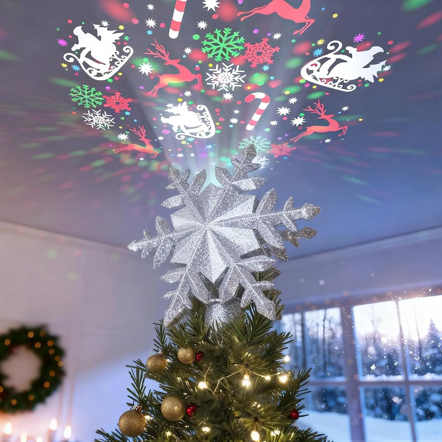 Christmas Tree Topper Lighted with 6 Projected Patterns, LED Rotating Magic Snowflake, 3D Hollow Glitter Silver Snow Tree Topper for Christmas Tree Decorations, Silver