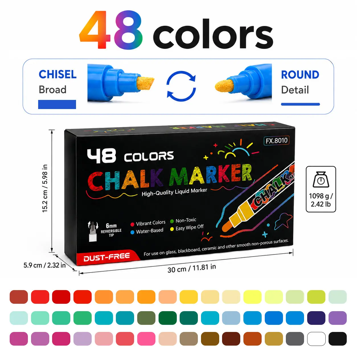 6/8/12/24/36/48 Color Liquid Chalk LED Drawing Pen, Dust-Free Erasable Water-Soluble Chalk, Suitable for Whiteboard, Blackboard, Glass, Car Windows