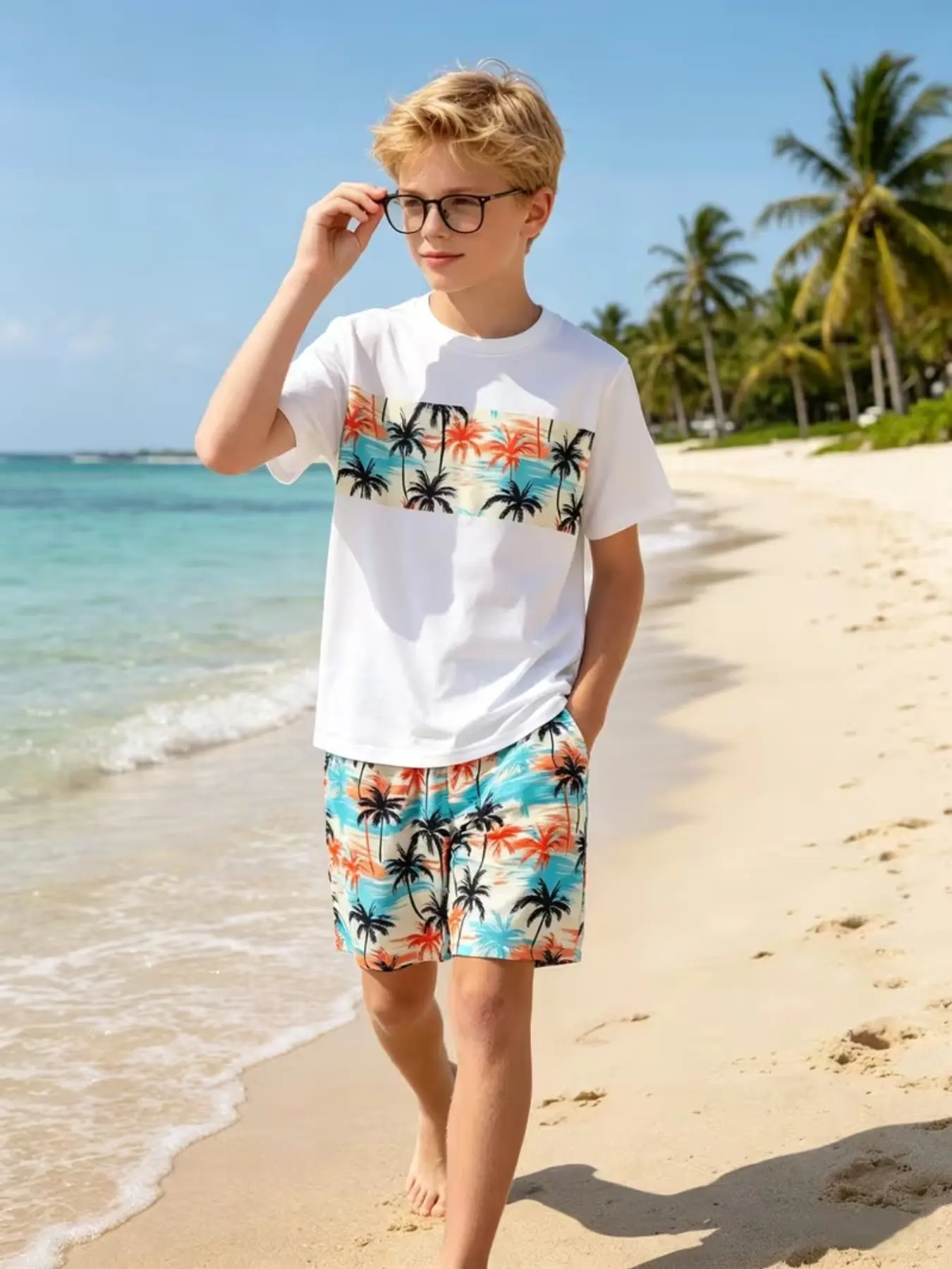 2-Piece Boys' Knit Round Neck Coconut Tree Pattern Set, Summer Clothing Set, Summer Casual, Beach Vacation, Daily Wear, Short Sleeve & Shorts, Print Set