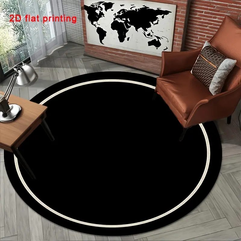 Black Round Flannel Rug with Double White Border 100% Polyester Suitable for Living Rooms, Studies, Bedrooms, Hallways, Bathroom Entrances, Indoor/outdoor Entrances, and Bedroom Entrances.