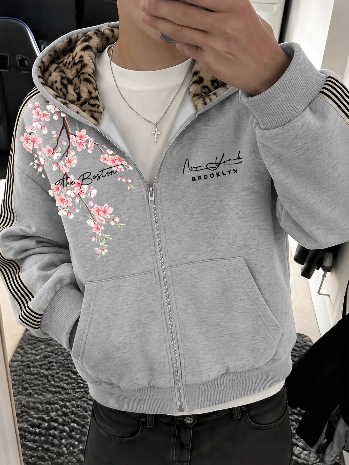 Men's Zipper Hooded Jacket, American Retro Street Style, Leopard Print Fleece Lining, Cherry Blossom Print, Thick Warm, Fall Winter