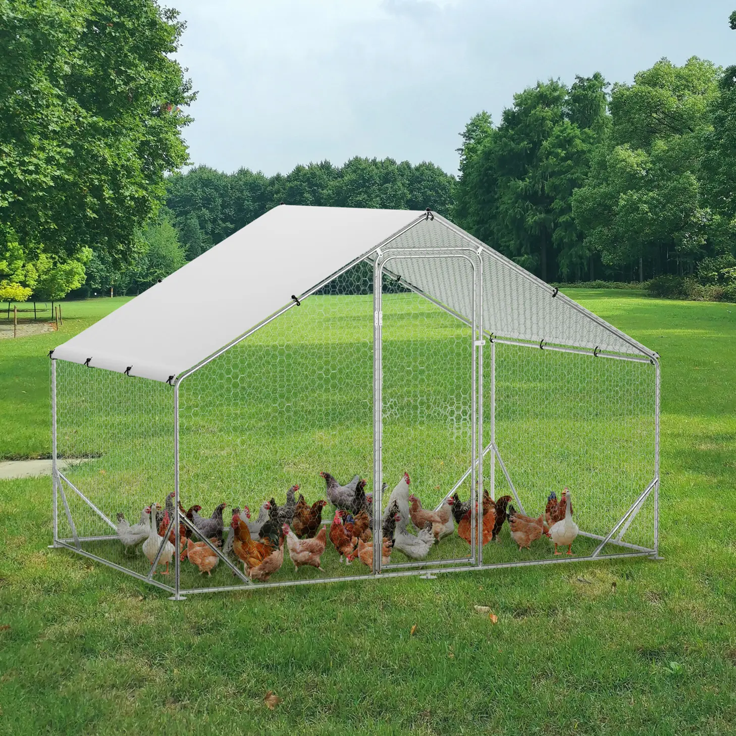 Heavy Duty Metal Chicken Coop – Large Walk-In Poultry Cage with Spire Roof, Galvanized Hen & Duck House, UV & Waterproof Cover for Outdoor Farm & Yard – Size: 9.8 x 19.7 x 6.6 ft