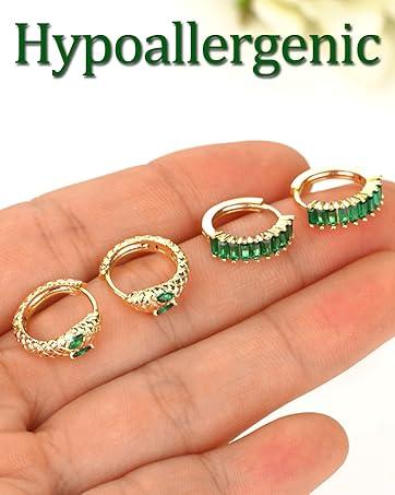 Zelores 6Pairs 14K Gold Plated Hoop Earrings for Women 6 Pairs Emerald Green Earrings Dainty Small Hoop Earrings Stud Earrings Sets for Multiple Piercing